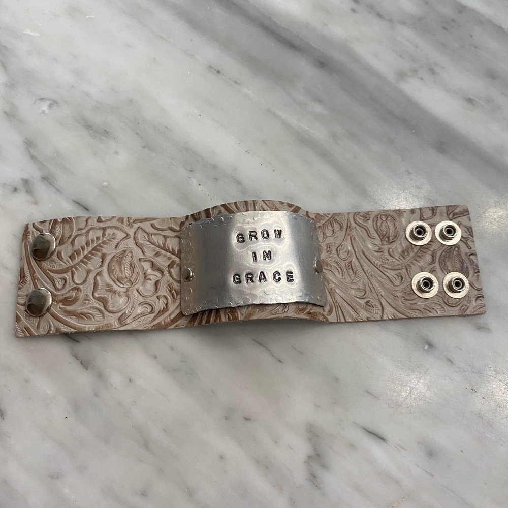 Silver and Tan Engraved Leather Bracelet